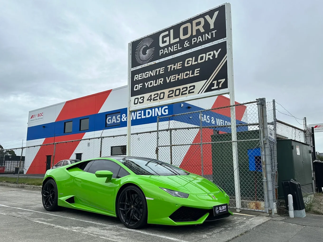 Green Lamborghini Huracan at GLORY Panel & Paint, Christchurch
